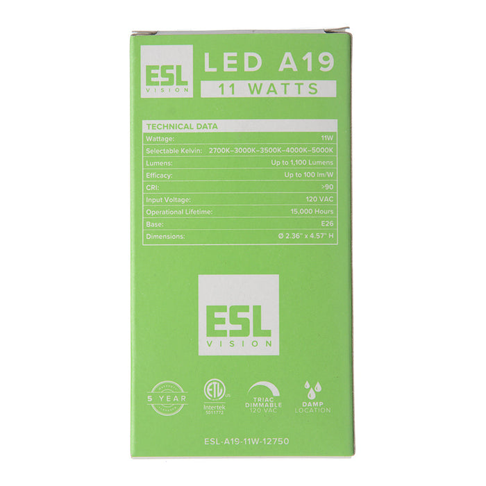 ESL Vision A19 11W 1100Lm CCT Adjustable 2700K/3000K/3500K/4000K/5000K (ESL-A19-11W-12750)