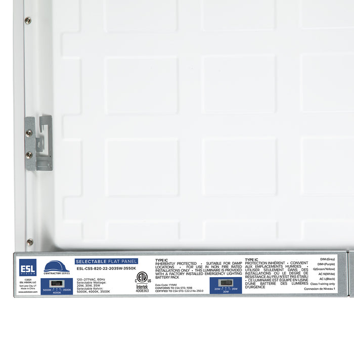 ESL Vision 2X2 Backlit Panel Wattage/CCT Selectable 20W/30W/40W 3500K/4000K/5000K 120-277Vac Input 0-10V Dimming (ESL-CSS-820-22-2030W-33550K)