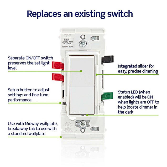 Leviton Decora Lever Edge Rocker Slide Dimmer Switch 150W LED/CFL/Incandescent White (ESL01-1LW)