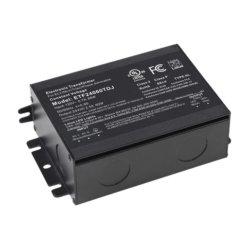 Lotus LED Lights 24V DC 60W Electronic Transformer In J-Box 2.5A Triac Dimmable 120Vac Input UL Class 2 Type HL Constant Voltage (ETF24060TDJ)