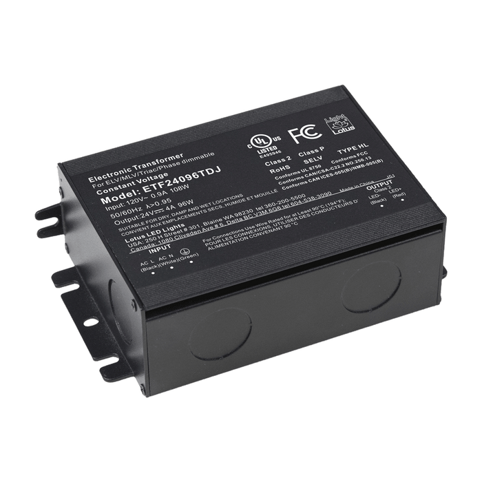 Lotus LED Lights 24V DC 96W Electronic Transformer In J-Box 4A Triac Dimmable 120Vac Input UL Class 2 Type HL Constant Voltage (ETF24096TDJ)