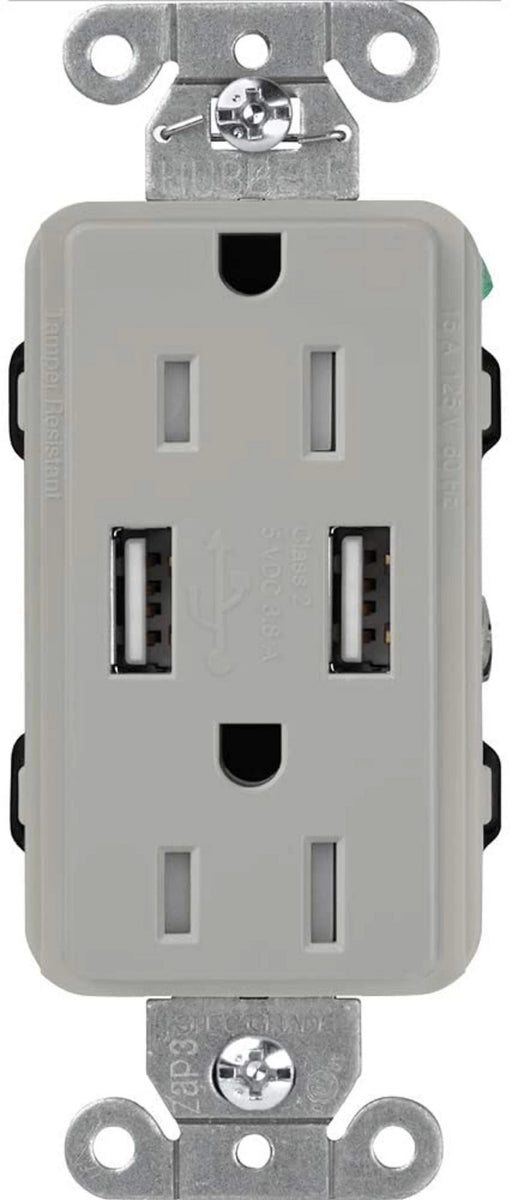 Lutron Claro 15A Receptacle USB Tamper-Resistant Gray (CAR-15-UBTR-GR)