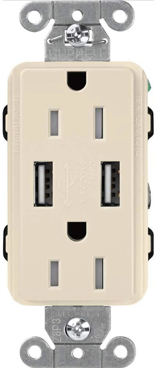 Lutron Claro 15A Receptacle USB Tamper-Resistant Light Almond (CAR-15-UBTR-LA)