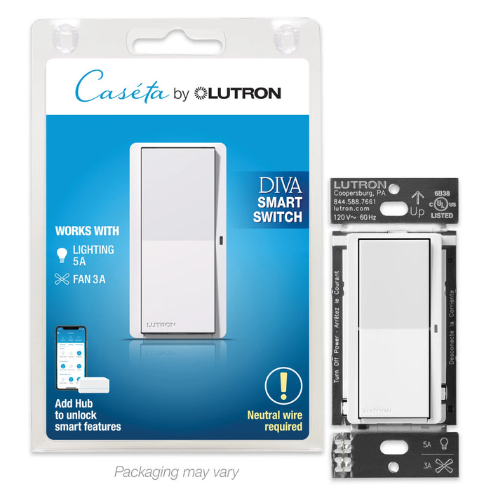 Lutron Claro Smart Switch - Load Ratings--LED 5A Incandescent/Halogen/ELV 600W Fan 3A White (DVRF-5NS-WH)