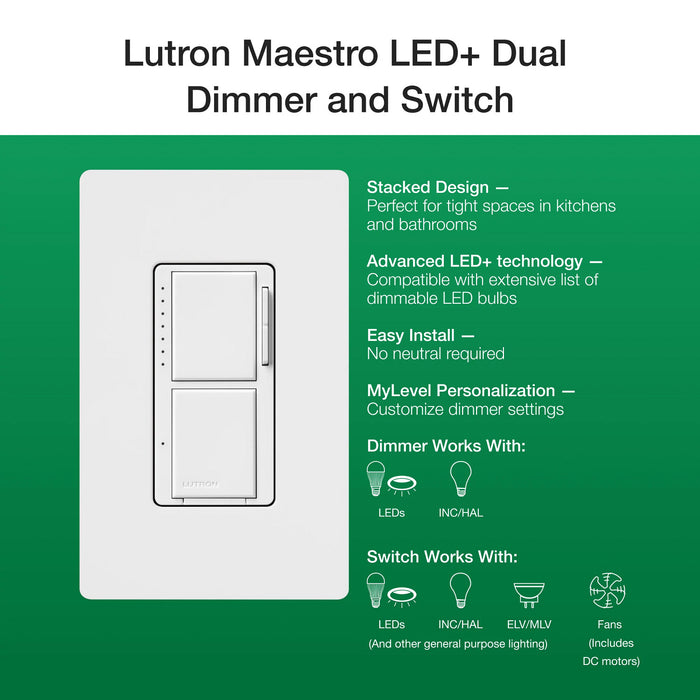 Lutron Maestro Dual LED+ Controls Dimmer And Switch Single Pole Black-Box (MACL-L3S25-BL)