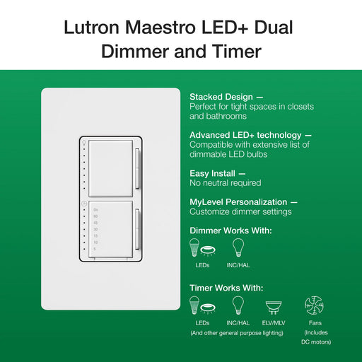 Lutron Maestro Dual LED+ Controls Dimmer And Timer Single Pole Black-Box (MACL-L3T251-BL)