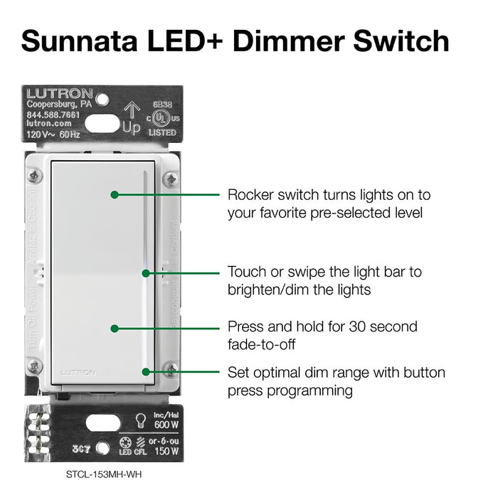 Lutron Sunnata touch Dimmer LED+ White Clamshell (STCL-153MH-WH)