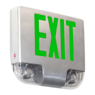 Exitronix Die Cast Aluminum LED Exit Combination High Intensity Multi-Directional LED Lamp Heads Single Face 6 Inch Green Letters NiCad Battery Brush Aluminum Enclosure Brushed Aluminum Face Mounting Canopy (G400C-1-BA)