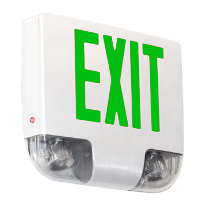 Exitronix Die Cast Aluminum LED Exit Combination High Intensity Multi-Directional LED Lamp Heads Double Face 6 Inch Green Letters NiCad Battery White Enclosure White Face Mounting Canopy (G400C-2-WW)