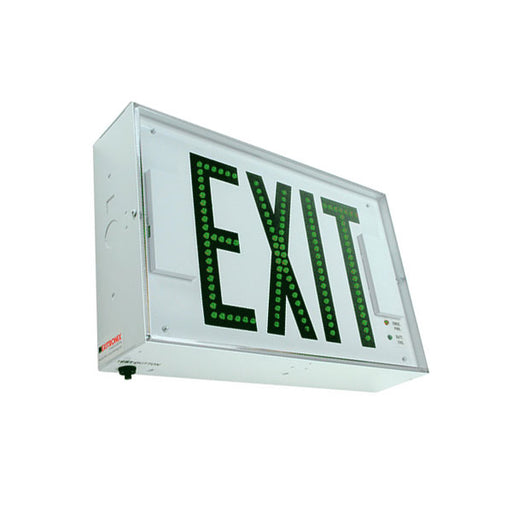 Exitronix Steel Direct View LED Exit Sign Single Face Green LED&#039;s Lead Acid Battery White Enclosure White Face/Black Letters Self-Diagnostics Mounting Canopy (2) 2.9W LED PAR16 Plastic Lamp Heads (G502E-WB-WH-G1-REN3)