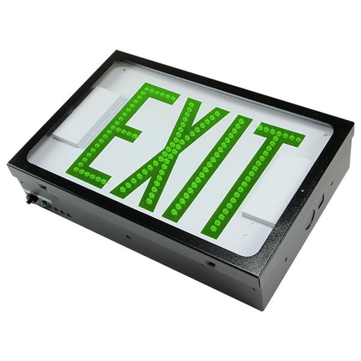Exitronix Steel Direct View LED Exit Sign Double Face Green LED&#039;s 2 Circuit Input 277/277V Black Enclosure White Face/Green Letters Downlight Tamper Resistant Hardware (G603E-2CI7-BL-C10-DL-DR-TRH)
