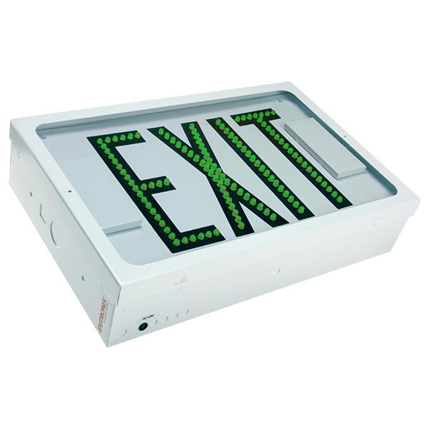 Exitronix Steel Direct View LED Exit Sign Double Face Green LED&#039;s Lead Acid Battery White Enclosure White Face/Black Letters Self-Diagnostics Mounting Canopy (G603E-WB-WH-G1)