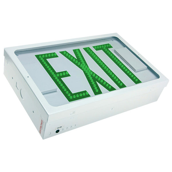 Exitronix Steel Direct View LED Exit Sign Single Face Green LED&#039;s 2 Circuit Input 277/277V White Enclosure White Face/Green Letters Tamper Resistant Hardware (G602E-2CI7-WH-C10-TRH)