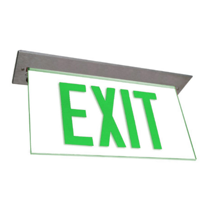 Exitronix LED Edge-Lit Exit Sign Single Face Recessed Mount 2 Circuit Input 120/120V Green Letters/Clear Panel Universal Chevrons Brushed Aluminum Finish (902E-R-2CI1-GC-BA)