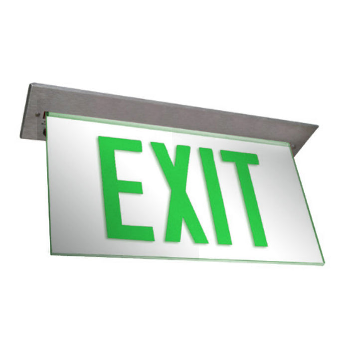 Exitronix LED Edge-Lit Exit Sign Single Face Recessed Mount Less Battery Green Letters/Mirror Panel Universal Chevrons Black Finish (902E-R-LB-GM-BL)