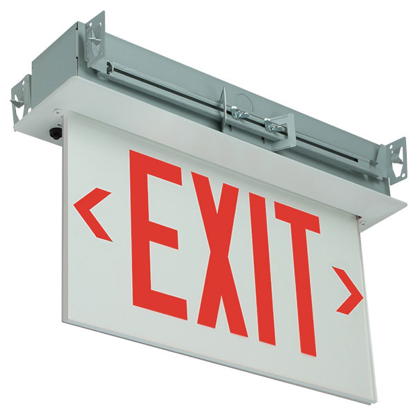 Exitronix LED Edge-Lit Exit Sign Double Face Recessed Mount 2 Circuit Input 277/277V Red Letters/White Panel Universal Chevrons Black Finish (903E-R-2CI7-RW-BL)