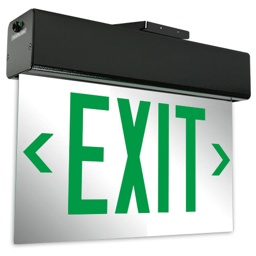 Exitronix LED Edge-Lit Exit Sign Double Face Universal Mounting 2 Circuit Input 120/277V Green Letters/Mirror Panel Universal Chevrons White Finish (903E-U-2CI17-GM-WH-DR)