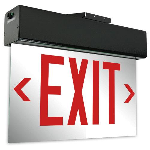 Exitronix LED Edge-Lit Exit Sign Double Face Universal Mounting Less Battery Red Letters/Mirror Panel Universal Chevrons Black Finish (903E-U-LB-RM-BL)