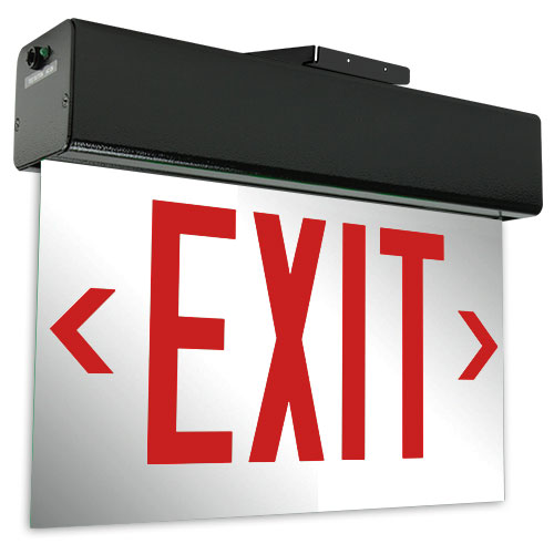 Exitronix LED Edge-Lit Exit Sign Single Face Universal Mounting 2 Circuit Input 277/277V Red Letters/Mirror Panel Universal Chevrons Black Finish (902E-U-2CI7-RM-BL)