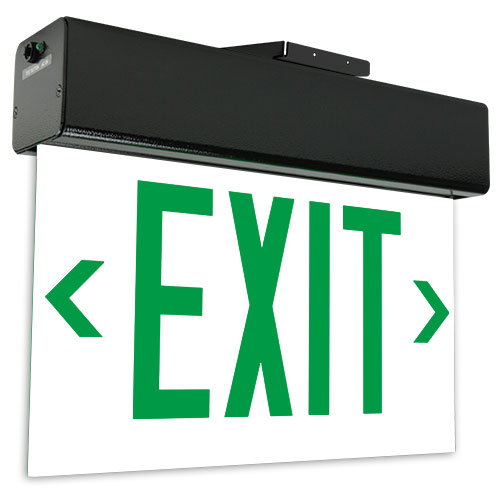 Exitronix LED Edge-Lit Exit Sign Double Face Universal Mounting Less Battery Green Letters/White Panel Universal Chevrons Black Finish (903E-U-LB-GW-BL)