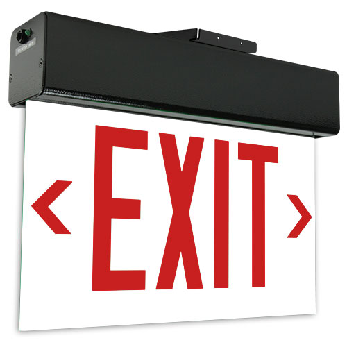 Exitronix LED Edge-Lit Exit Sign Double Face Universal Mounting Less Battery Red Letters/White Panel Universal Chevrons Black Finish (903E-U-LB-RW-BL)