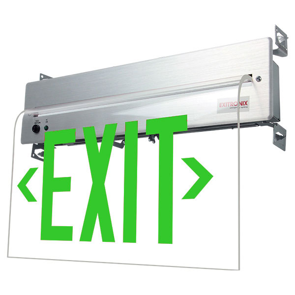 Exitronix LED Edge-Lit Exit Sign Single Face Wall Recessed Mount Less Battery Green Letters/Clear Panel Universal Chevrons Black Finish (902E-WR-LB-GC-BL)