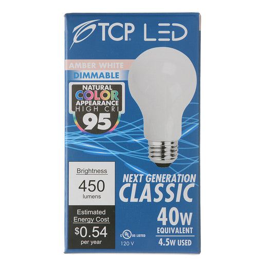 TCP LED Classic Filaments 4.5W A19 Dimmable 15000 Hours 40W Equivalent 2400K 450Lm E26 Base Frost 92 CRI (FA19D4024E26SFR92)
