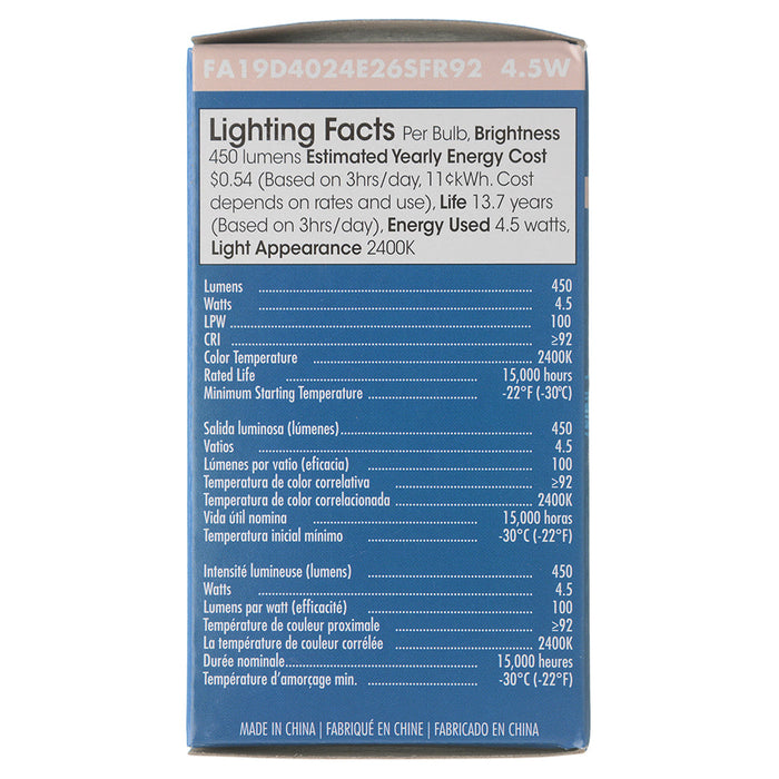 TCP LED Classic Filaments 4.5W A19 Dimmable 15000 Hours 40W Equivalent 2400K 450Lm E26 Base Frost 92 CRI (FA19D4024E26SFR92)