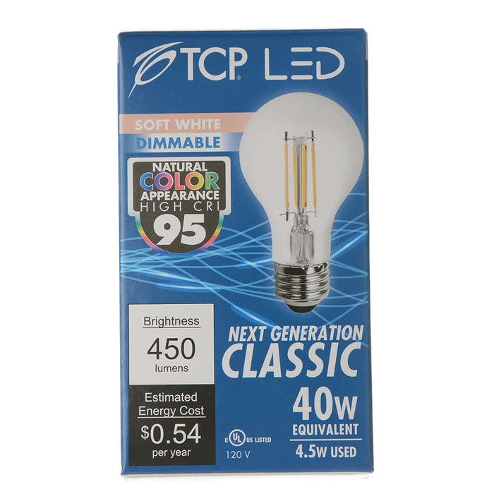 TCP LED Classic Filaments 4.5W A19 Dimmable 15000 Hours 40W Equivalent 2700K 450Lm E26 Base Clear 95 CRI (FA19D4027E26SCL95)