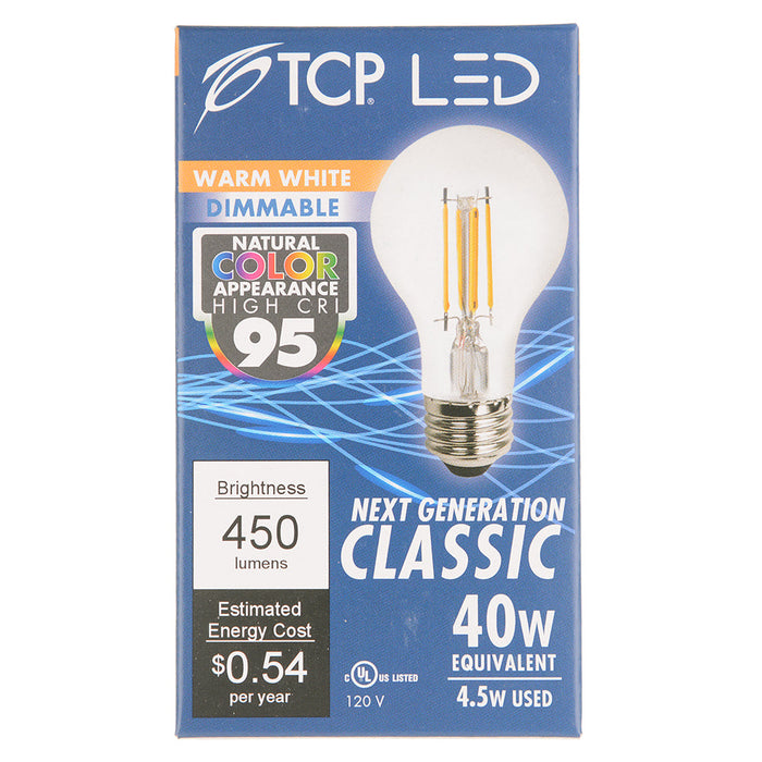TCP LED Classic Filaments 4.5W A19 Dimmable 15000 Hours 40W Equivalent 3000K 450Lm E26 Base Clear 95 CRI (FA19D4030E26SCL95)