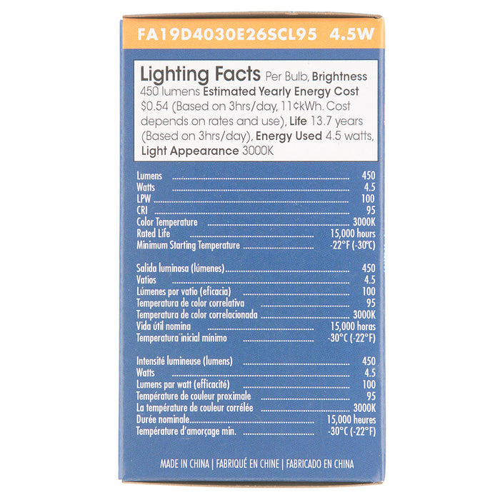 TCP LED Classic Filaments 4.5W A19 Dimmable 15000 Hours 40W Equivalent 3000K 450Lm E26 Base Clear 95 CRI (FA19D4030E26SCL95)