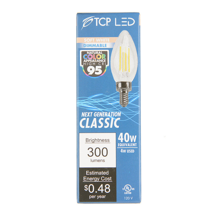 TCP LED Classic Filaments 4W B11 Dimmable 15000 Hours 40W Equivalent 2700K 300Lm E12 Base Clear 95 CRI (FB11D4027E12SCL95)