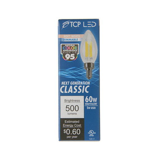 TCP LED Classic Filaments 5W B11 Dimmable 15000 Hours 60W Equivalent 2700K 500Lm E12 Base Clear 95 CRI (FB11D6027E12SCL95)