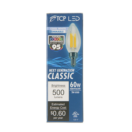 TCP LED Classic Filaments 5W B11 Dimmable 15000 Hours 60W Equivalent 4000K 500Lm E12 Base Clear 95 CRI (FB11D6040E12SCL95)