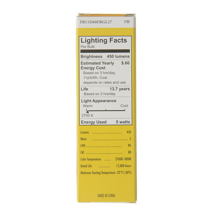 TCP LED Classic Filaments B11 5W B11 Warm Dimming 15000 Hours 60W Equivalent 2700-1800K E12 Base 360 Frost (FB11D60FRGL27)