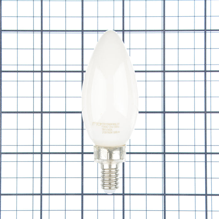 TCP LED Classic Filaments B11 5W B11 Warm Dimming 15000 Hours 60W Equivalent 2700-1800K E12 Base 360 Frost (FB11D60FRGL27)
