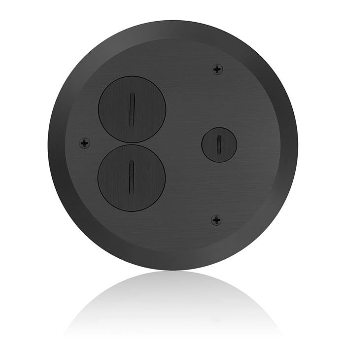 Leviton Concrete Floor Box Cover Plate For FBBOX-GY And FBLEV-GY Brushed Black-2 Duplex Screw Caps And 1 Data Cap (FBC1X-E)