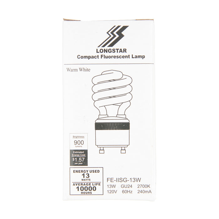 Longstar 13W Spiral Compact Fluorescent 2700K 120V Twist And Lock GU24 Base Bulb (FE-IISG-13W)