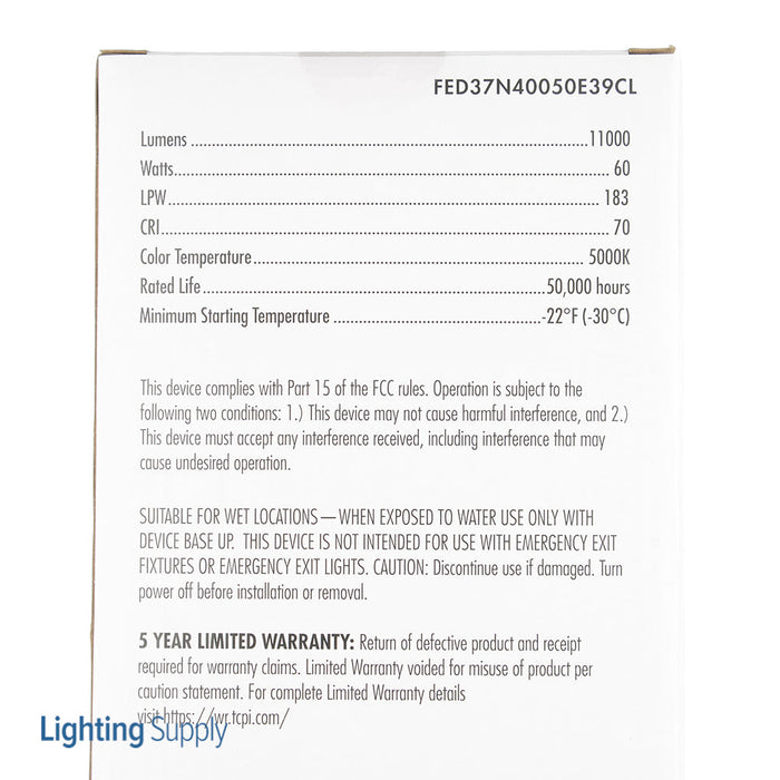 TCP 60W LED High Lumen Filament Lamp ED37 Metal Halide Replacement 5000K E39 Clear 11000Lm Non-Dimmable 80 CRI (FED37N40050E39CL)