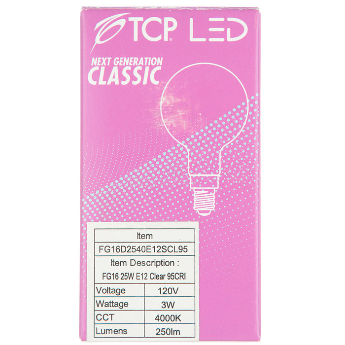 TCP LED Filaments High CRI Decorator Lamp G16 3W 250Lm 4000K E12 Base Dimmable Clear 95 CRI (FG16D2540E12SCL95)