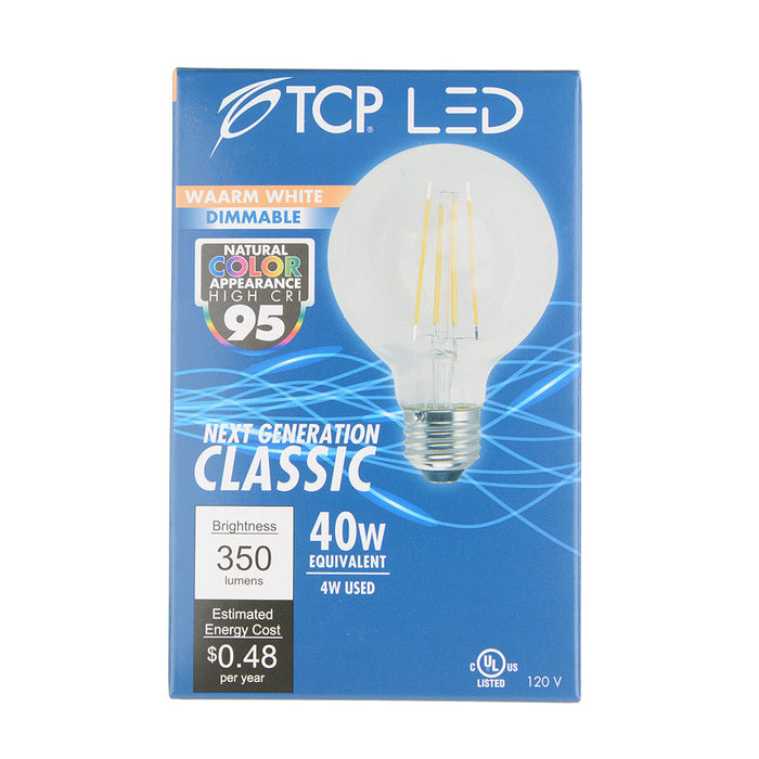 TCP LED Classic Filaments 4W G25 Dimmable 15000 Hours 40W Equivalent 3000K 350Lm E26 Base Clear 95 CRI (FG25D4030E26SCL95)