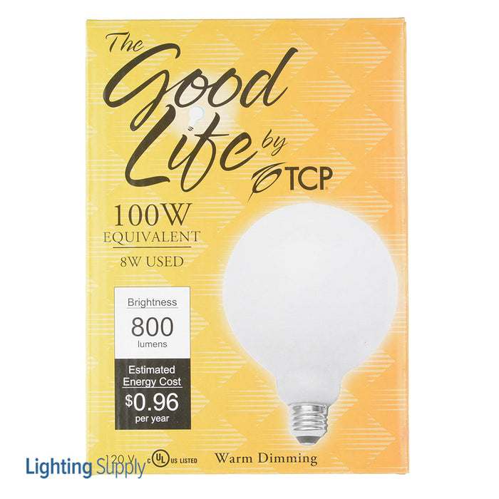 TCP LED Classic Filaments G40 8W G40 Warm Dimming 15000 Hours 60W Equivalent 3000-2000K 800Lm E26 Base 360 Degree Beam Angle Frost (FG40D60GL1)