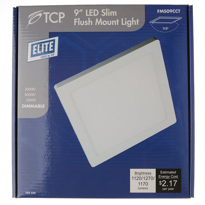 TCP 9 Inch LED Slim Flush Mount Fixture Square CCT Selectable 3000K/4000K/5000K 18W 120V 80 CRI (FMS09CCT)