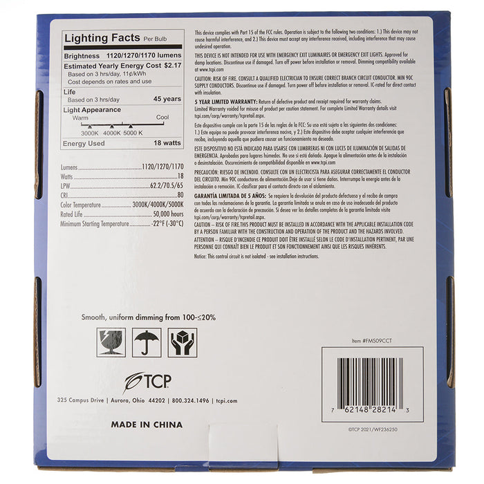 TCP 9 Inch LED Slim Flush Mount Fixture Square CCT Selectable 3000K/4000K/5000K 18W 120V 80 CRI (FMS09CCT)