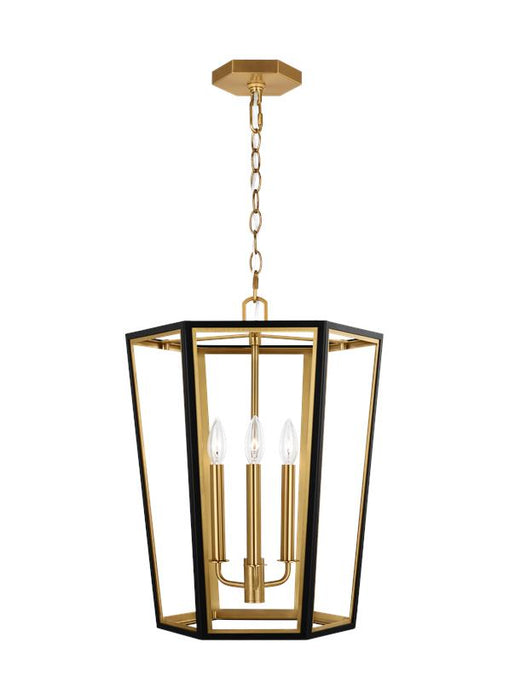 Generation Lighting Curt Traditional Dimmable Indoor Small 3-Light Lantern Chandelier In A Midnight Black Finish With Gold Accents (AC1083MBKBBS)