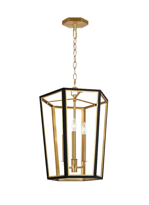 Generation Lighting Curt Traditional Dimmable Indoor Small 3-Light Lantern Chandelier In A Midnight Black Finish With Gold Accents (AC1083MBKBBS)