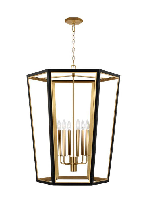 Generation Lighting Curt Traditional Dimmable Indoor Large 6-Light Lantern Chandelier In A Midnight Black Finish With Gold Accents (AC1106MBKBBS)