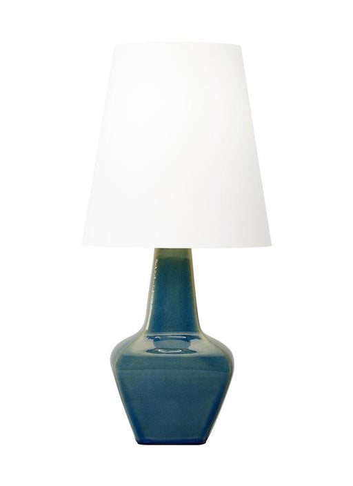 Generation Lighting Aerin Diogo 1-Light Medium Table Lamp In Blue Anglia Crackle Finish With White Linen Fabric Shade (AET1151BAC1)