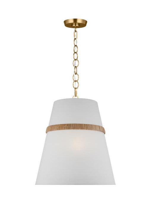 Generation Lighting Alexa Hampton Cordtlandt 3-Light Dimmable Large Pendant Hanging Chandelier Light In Rattan Finish With White Linen Fabric Shade (AP1173RTN)