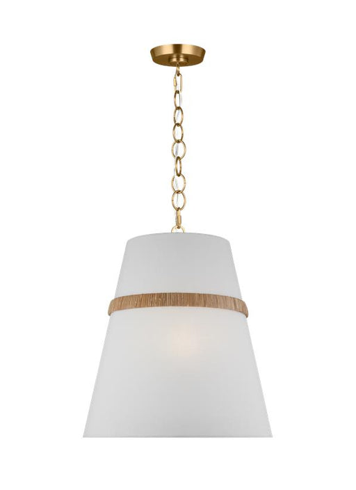 Generation Lighting Alexa Hampton Cordtlandt 3-Light Dimmable Large Pendant Hanging Chandelier Light In Rattan Finish With White Linen Fabric Shade (AP1173RTN)